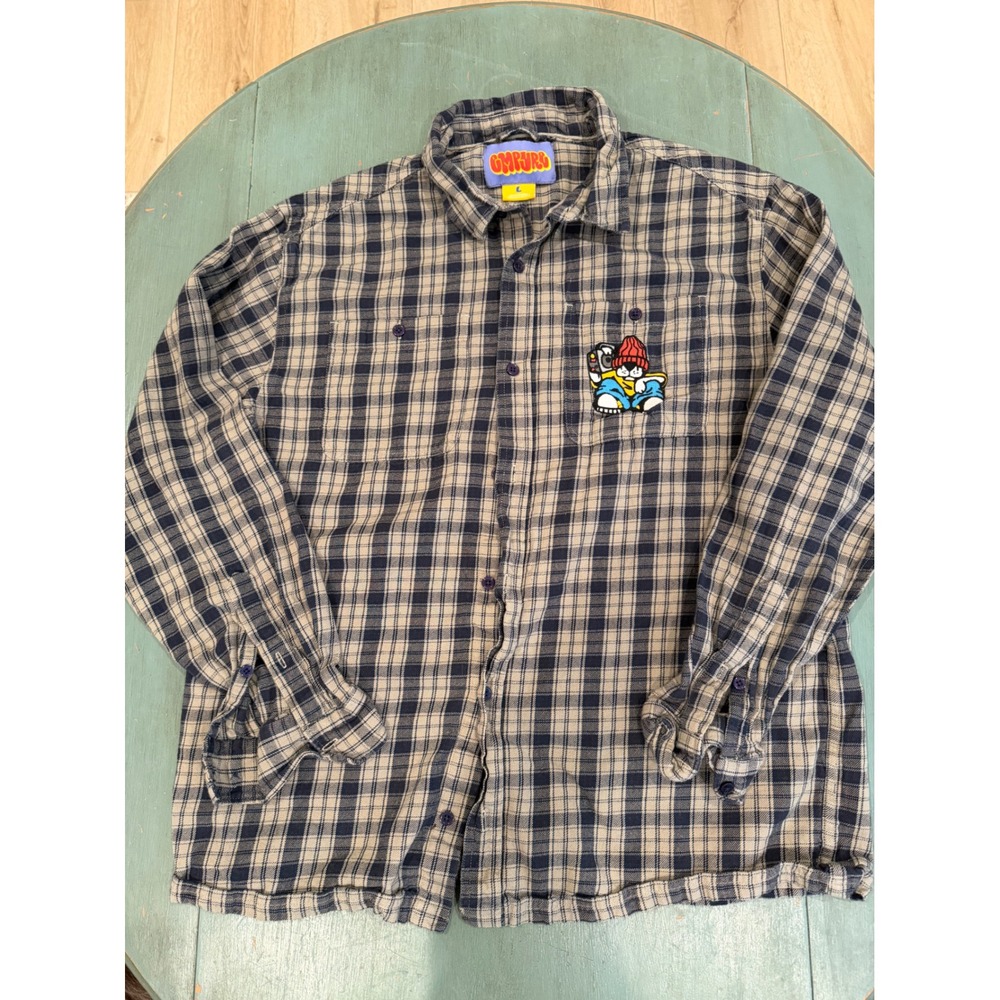 Empyre Mens Plaid Flannel Shirt Navy Tan Embroidered Character Patch Large